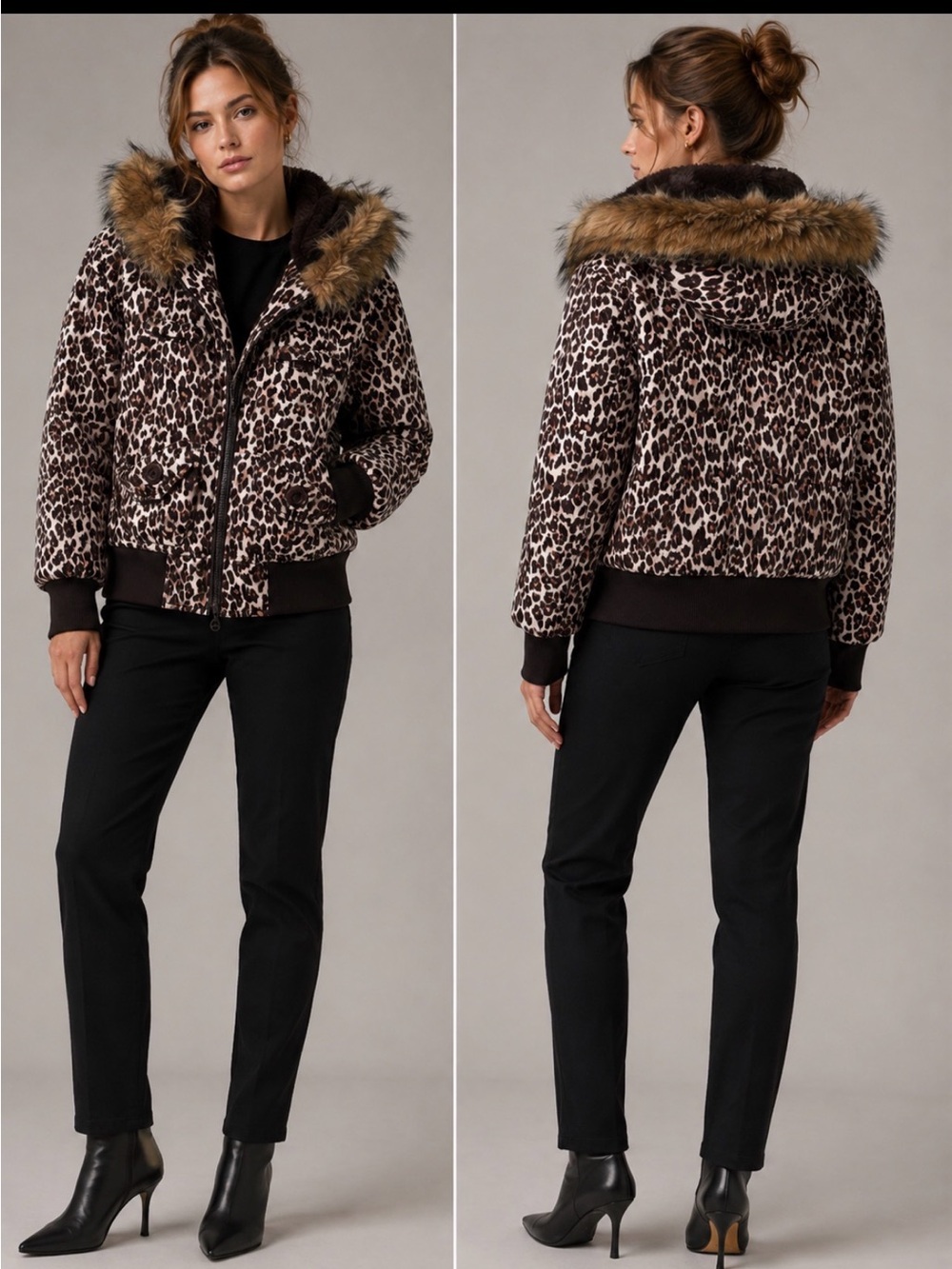 Dollhouse Leopard Print Bomber Jacket with Faux Fur Hood Trim